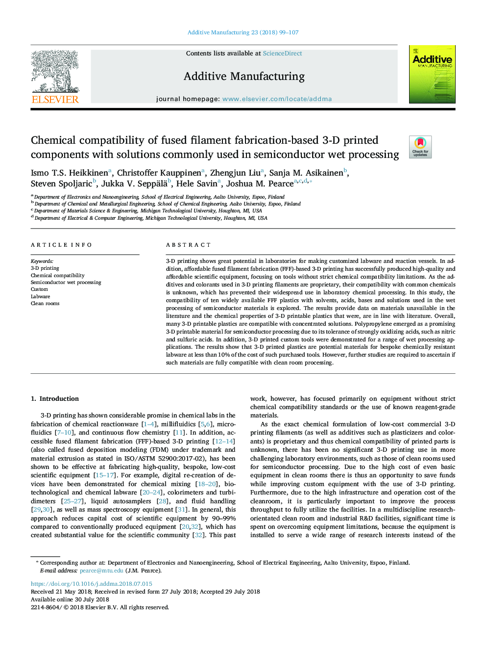 Chemical compatibility of fused filament fabrication-based 3-D printed components with solutions commonly used in semiconductor wet processing