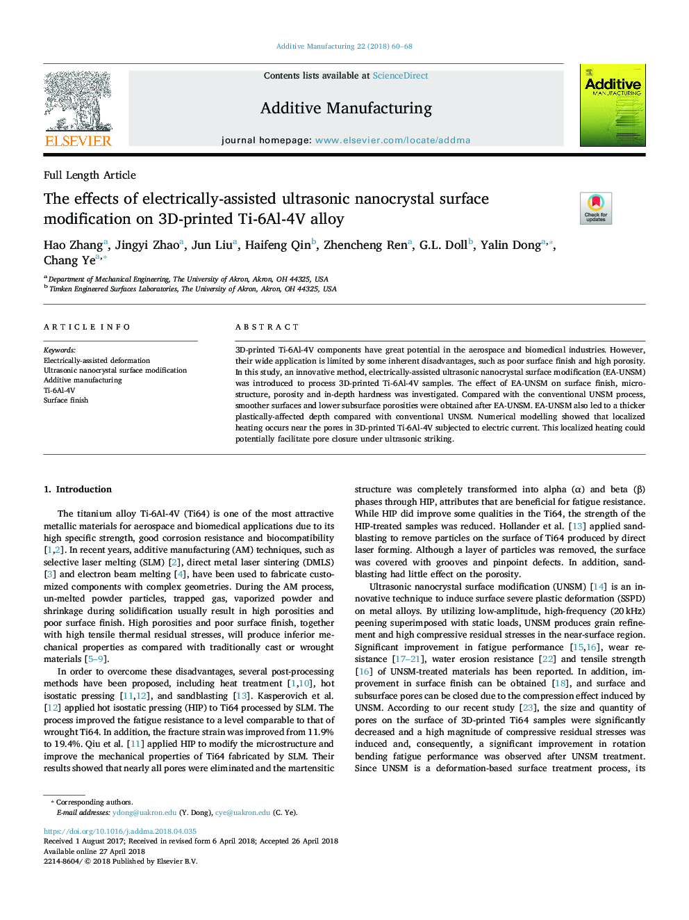 The effects of electrically-assisted ultrasonic nanocrystal surface modification on 3D-printed Ti-6Al-4V alloy