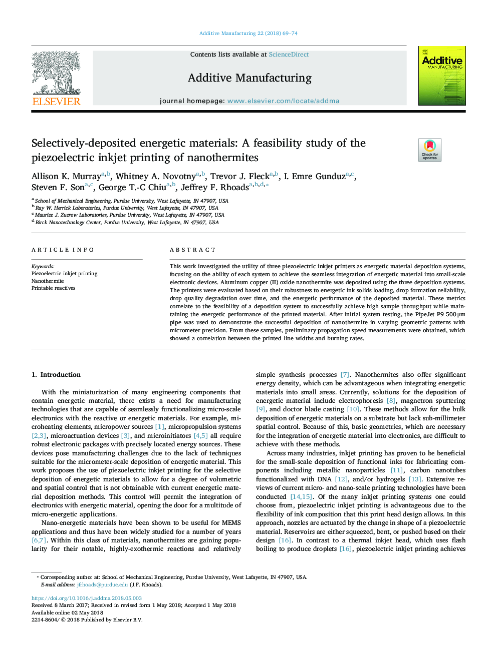 Selectively-deposited energetic materials: A feasibility study of the piezoelectric inkjet printing of nanothermites