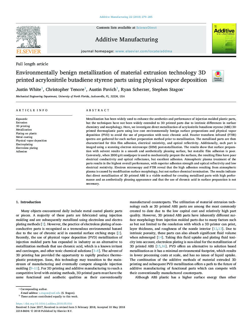 Environmentally benign metallization of material extrusion technology 3D printed acrylonitrile butadiene styrene parts using physical vapor deposition