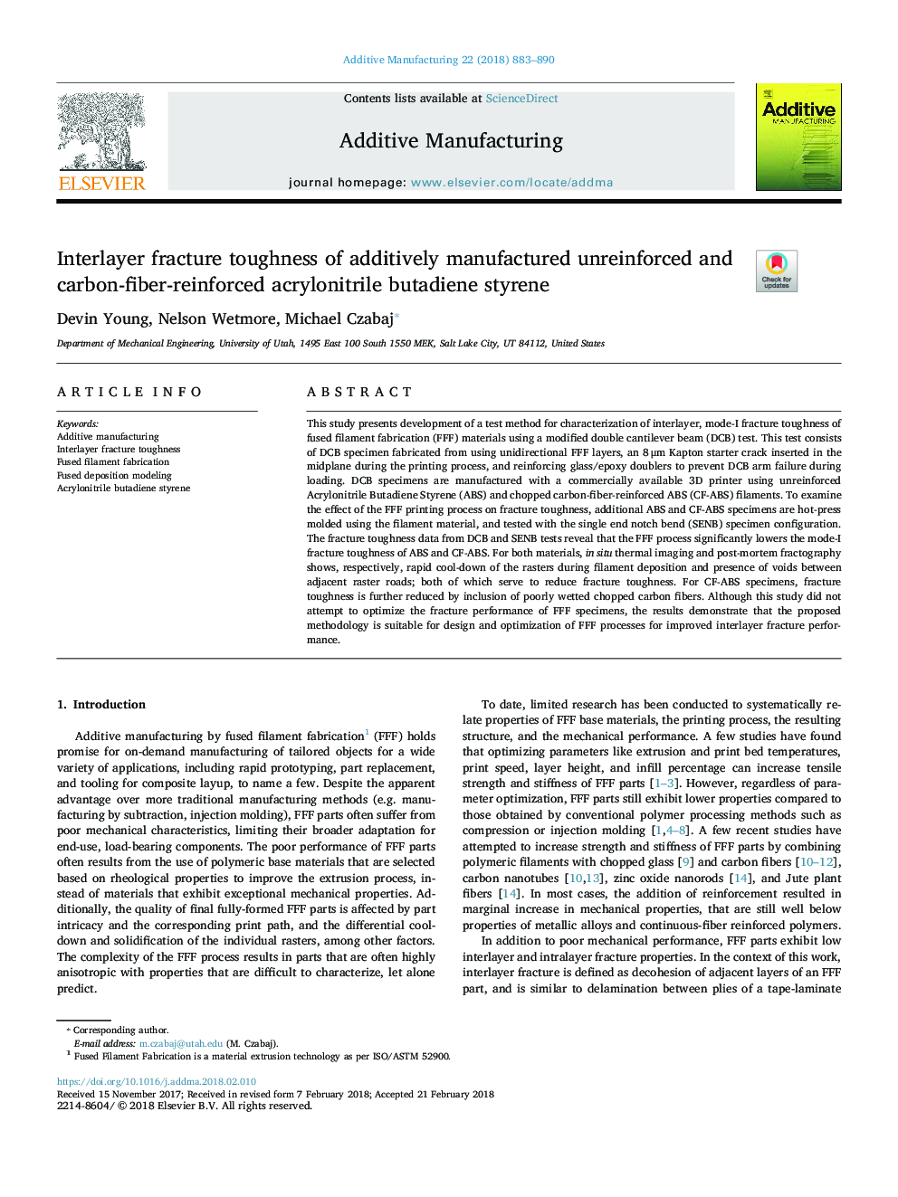 Interlayer fracture toughness of additively manufactured unreinforced and carbon-fiber-reinforced acrylonitrile butadiene styrene