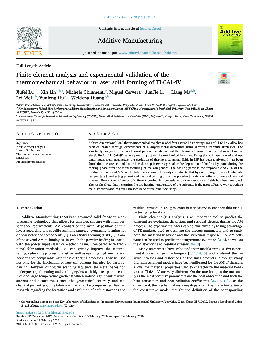 Finite element analysis and experimental validation of the thermomechanical behavior in laser solid forming of Ti-6Al-4V