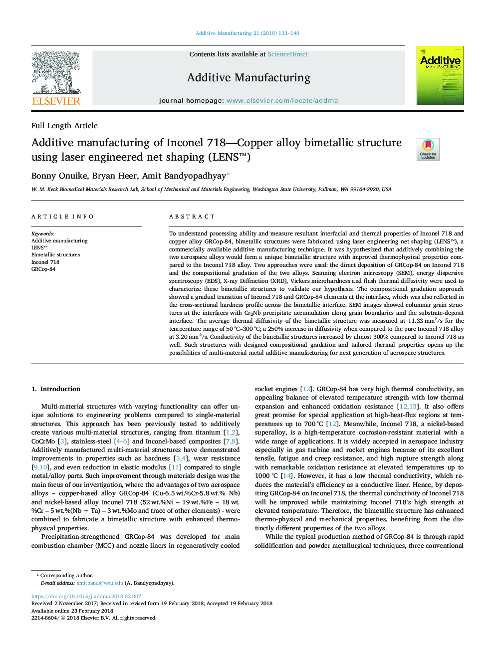 Additive manufacturing of Inconel 718-Copper alloy bimetallic structure using laser engineered net shaping (LENSâ¢)