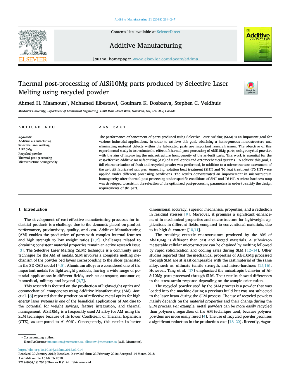 Thermal post-processing of AlSi10Mg parts produced by Selective Laser Melting using recycled powder