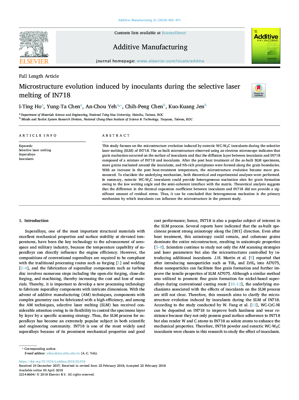 Microstructure evolution induced by inoculants during the selective laser melting of IN718