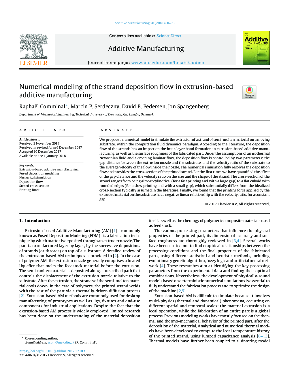 Numerical modeling of the strand deposition flow in extrusion-based additive manufacturing