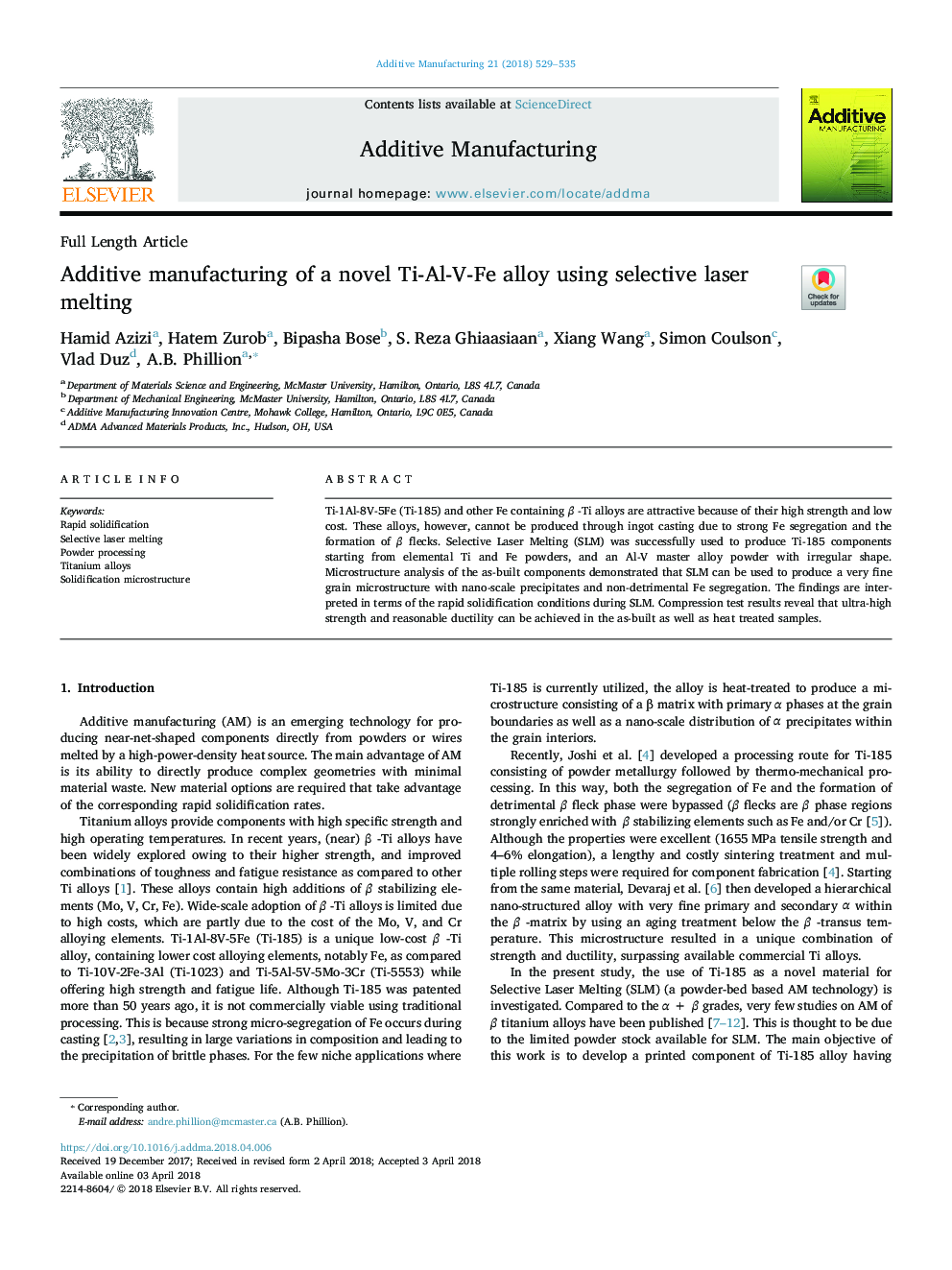 Additive manufacturing of a novel Ti-Al-V-Fe alloy using selective laser melting