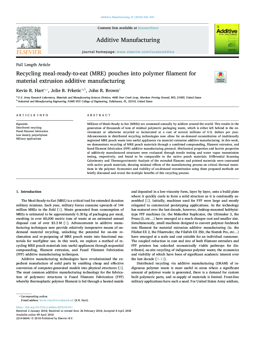 Recycling meal-ready-to-eat (MRE) pouches into polymer filament for material extrusion additive manufacturing