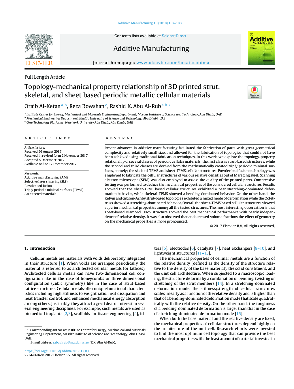 Topology-mechanical property relationship of 3D printed strut, skeletal, and sheet based periodic metallic cellular materials