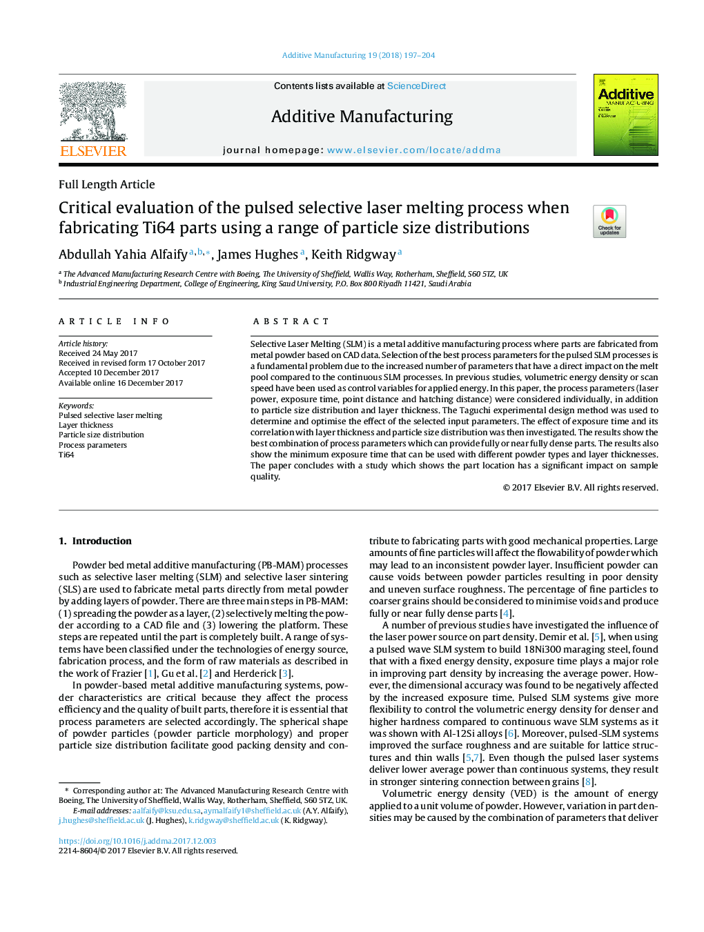 Critical evaluation of the pulsed selective laser melting process when fabricating Ti64 parts using a range of particle size distributions