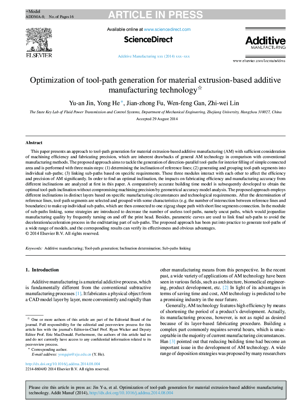 Optimization of tool-path generation for material extrusion-based additive manufacturing technology