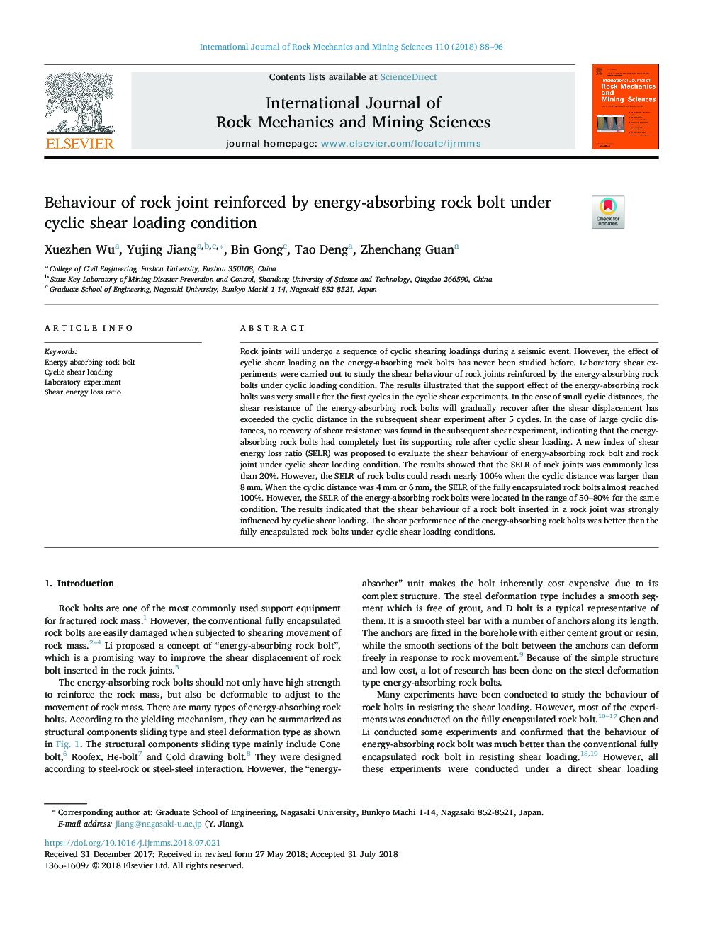 Behaviour of rock joint reinforced by energy-absorbing rock bolt under cyclic shear loading condition