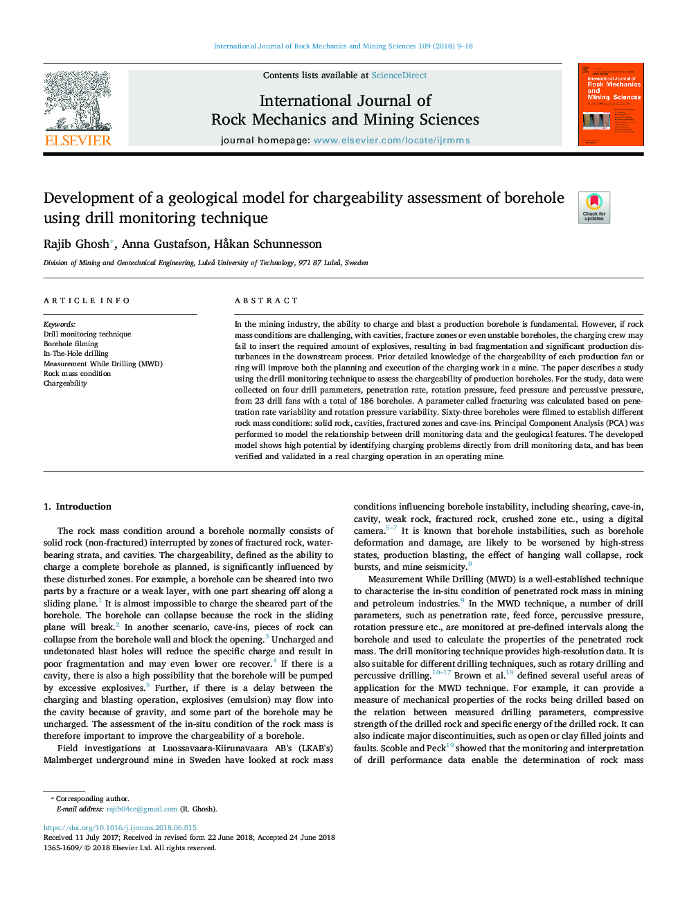 Development of a geological model for chargeability assessment of borehole using drill monitoring technique