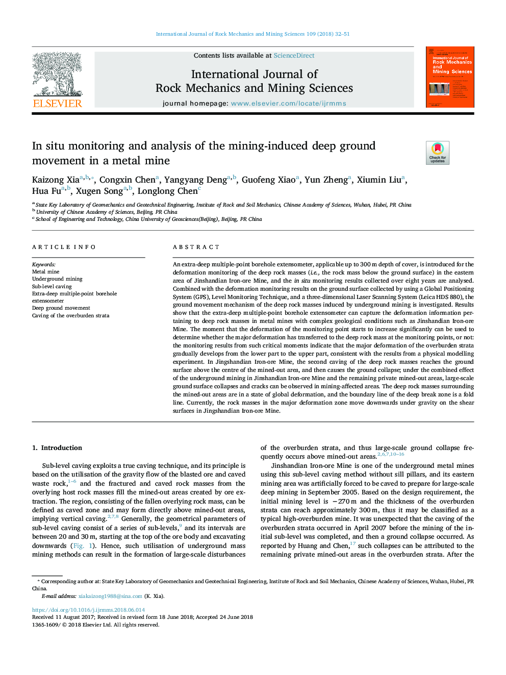 In situ monitoring and analysis of the mining-induced deep ground movement in a metal mine