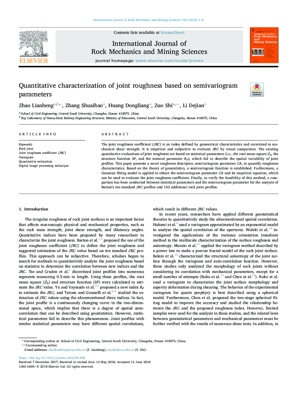 Quantitative characterization of joint roughness based on semivariogram parameters