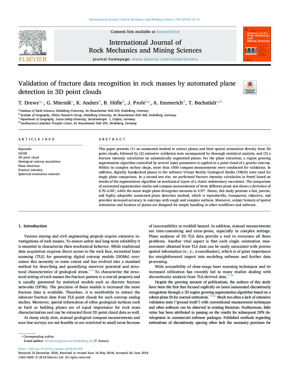 Validation of fracture data recognition in rock masses by automated plane detection in 3D point clouds