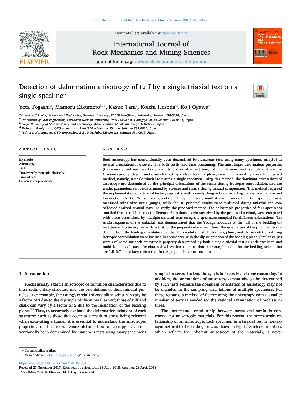 Detection of deformation anisotropy of tuff by a single triaxial test on a single specimen