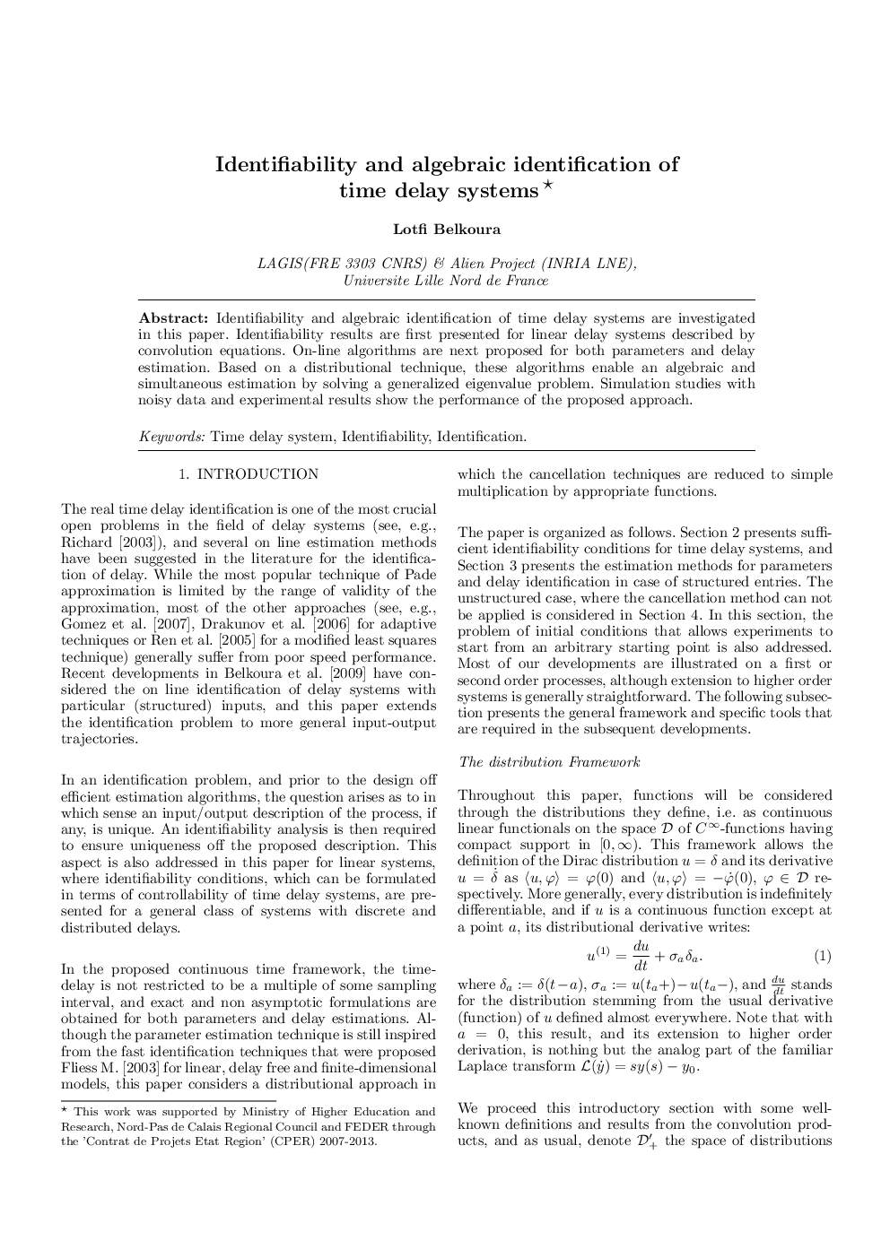 عکس صفحه اول مقاله: Identifiability and algebraic identification of time delay systems Identifiability and algebraic identification of time delay systems