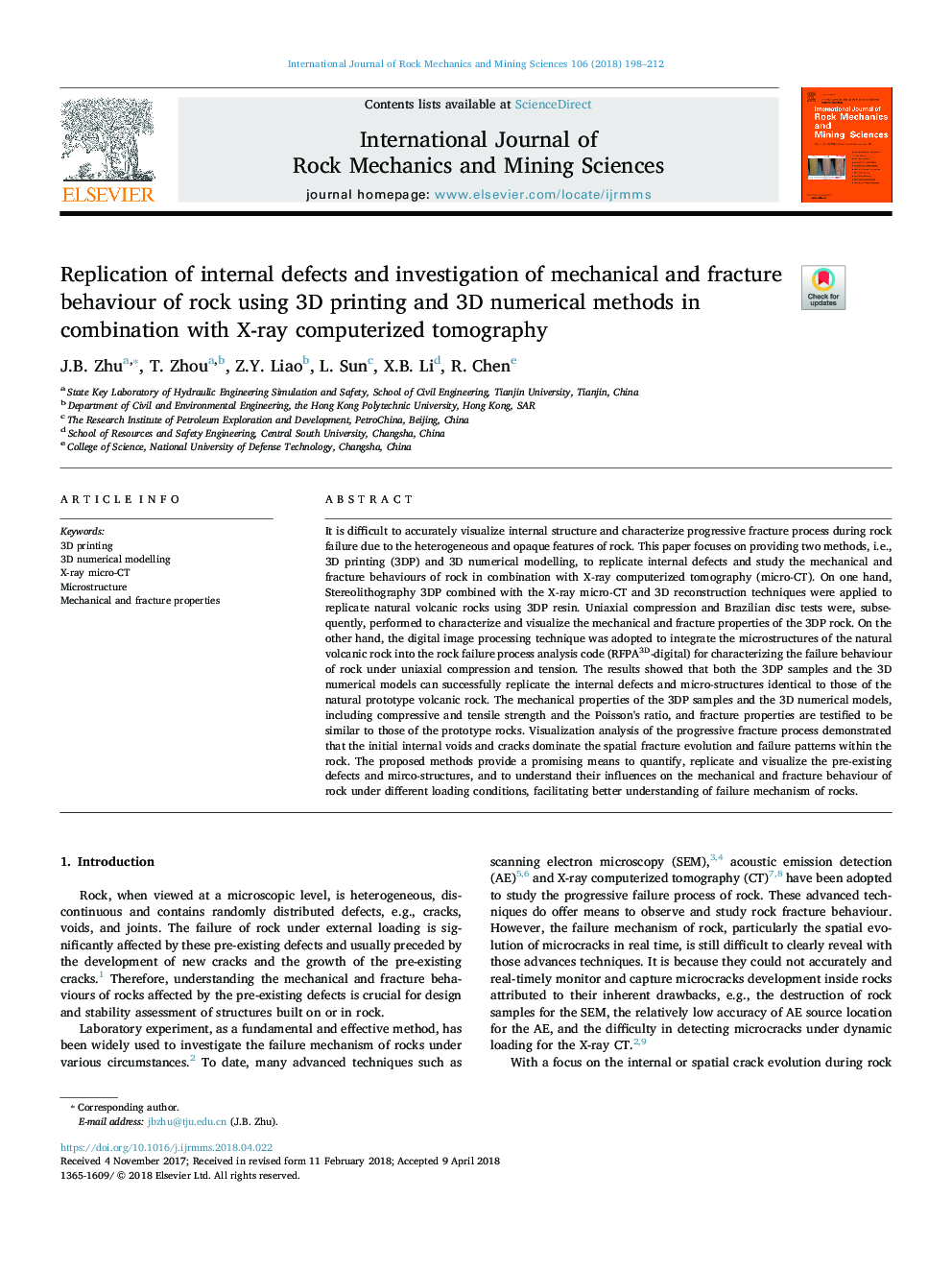 Replication of internal defects and investigation of mechanical and fracture behaviour of rock using 3D printing and 3D numerical methods in combination with X-ray computerized tomography