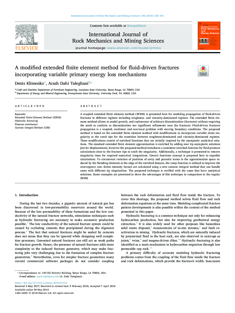 A modified extended finite element method for fluid-driven fractures incorporating variable primary energy loss mechanisms