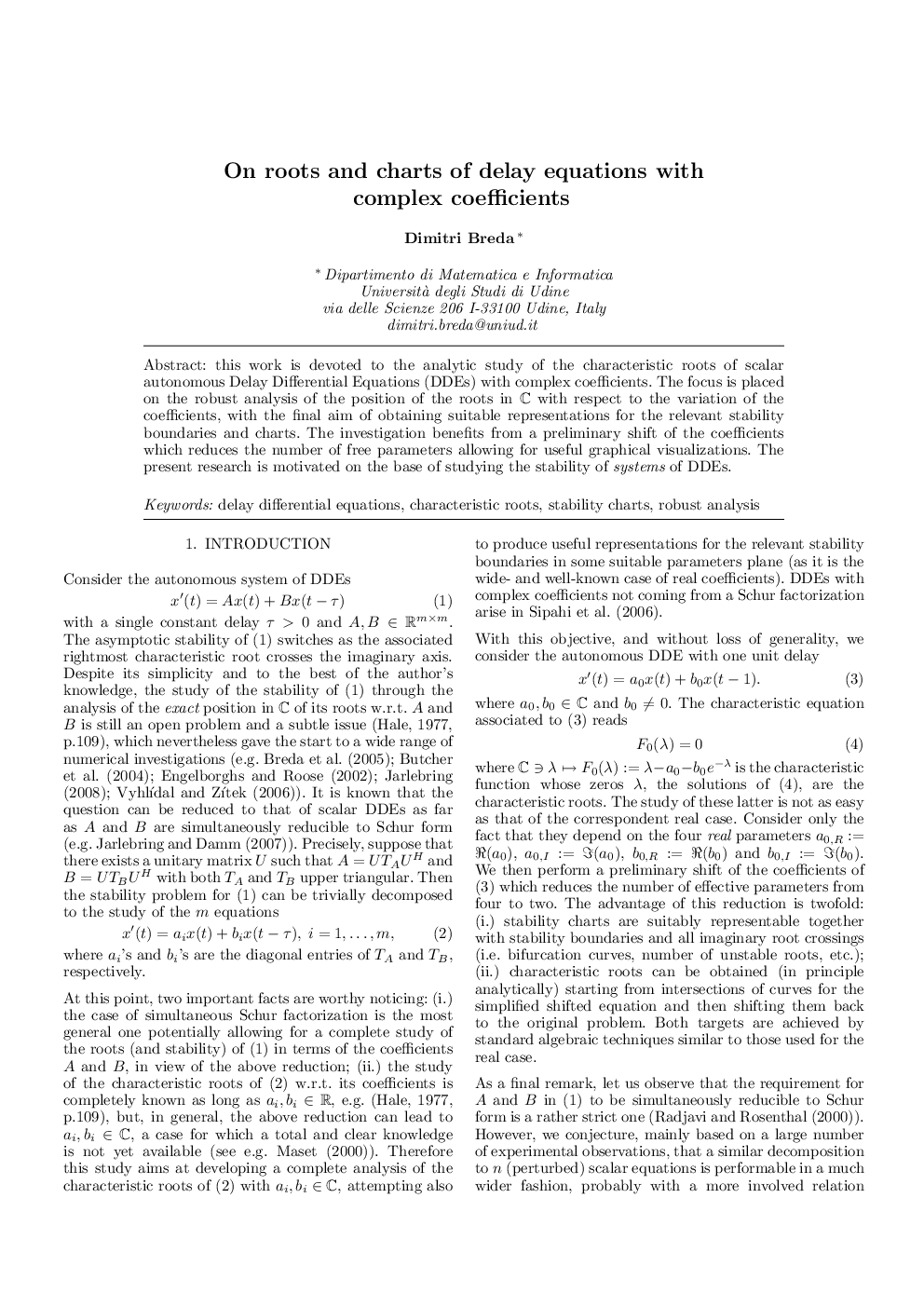 عکس صفحه اول مقاله: On roots and charts of delay equations with complex coefficients On roots and charts of delay equations with complex coefficients