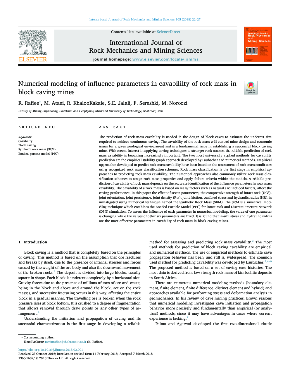 Numerical modeling of influence parameters in cavabililty of rock mass in block caving mines