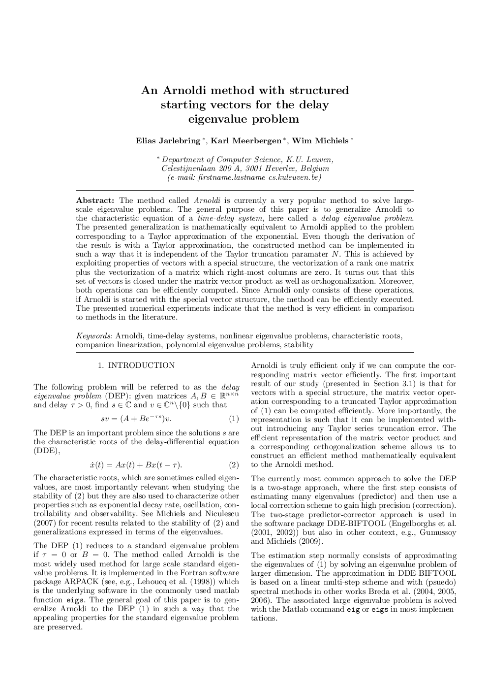 An Arnoldi method with structured starting vectors for the delay eigenvalue problem