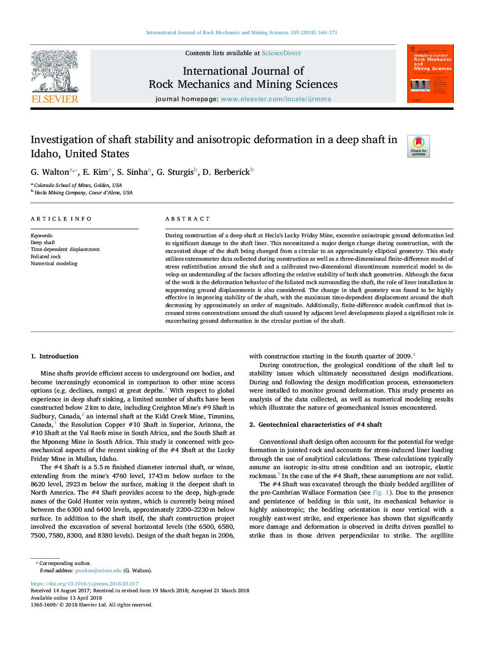 Investigation of shaft stability and anisotropic deformation in a deep shaft in Idaho, United States