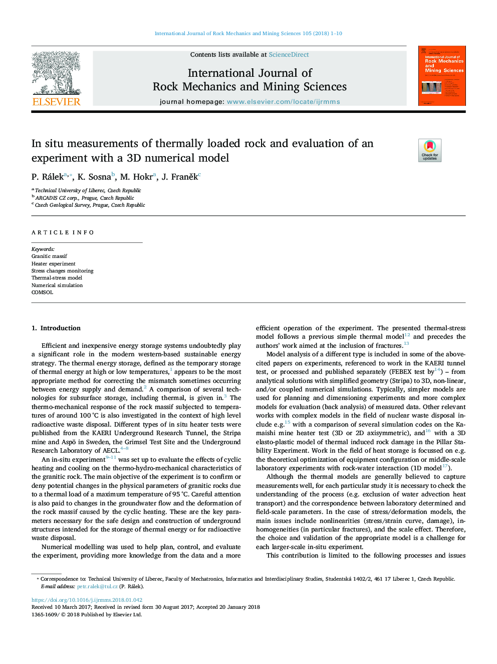 In situ measurements of thermally loaded rock and evaluation of an experiment with a 3D numerical model