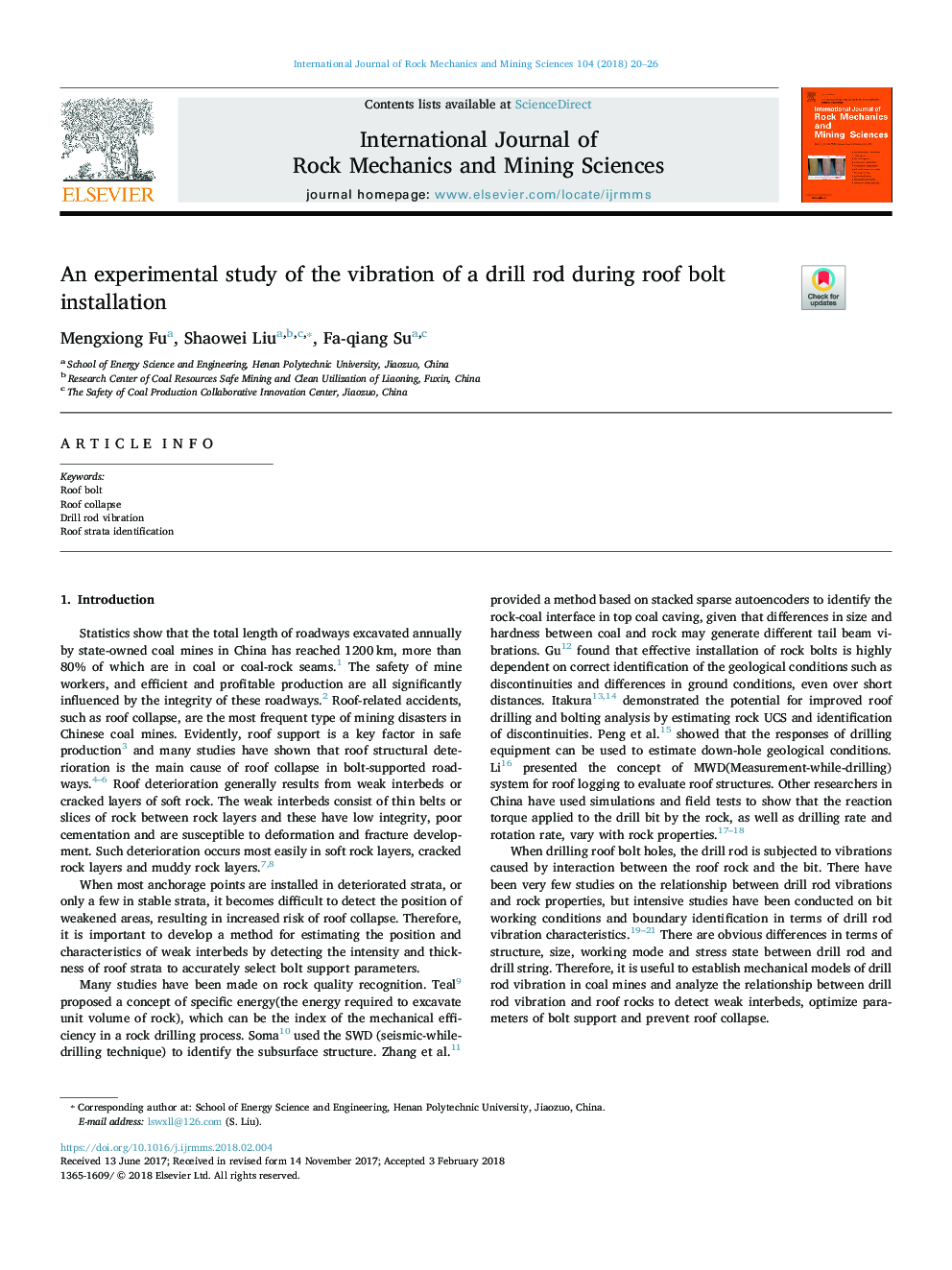 An experimental study of the vibration of a drill rod during roof bolt installation