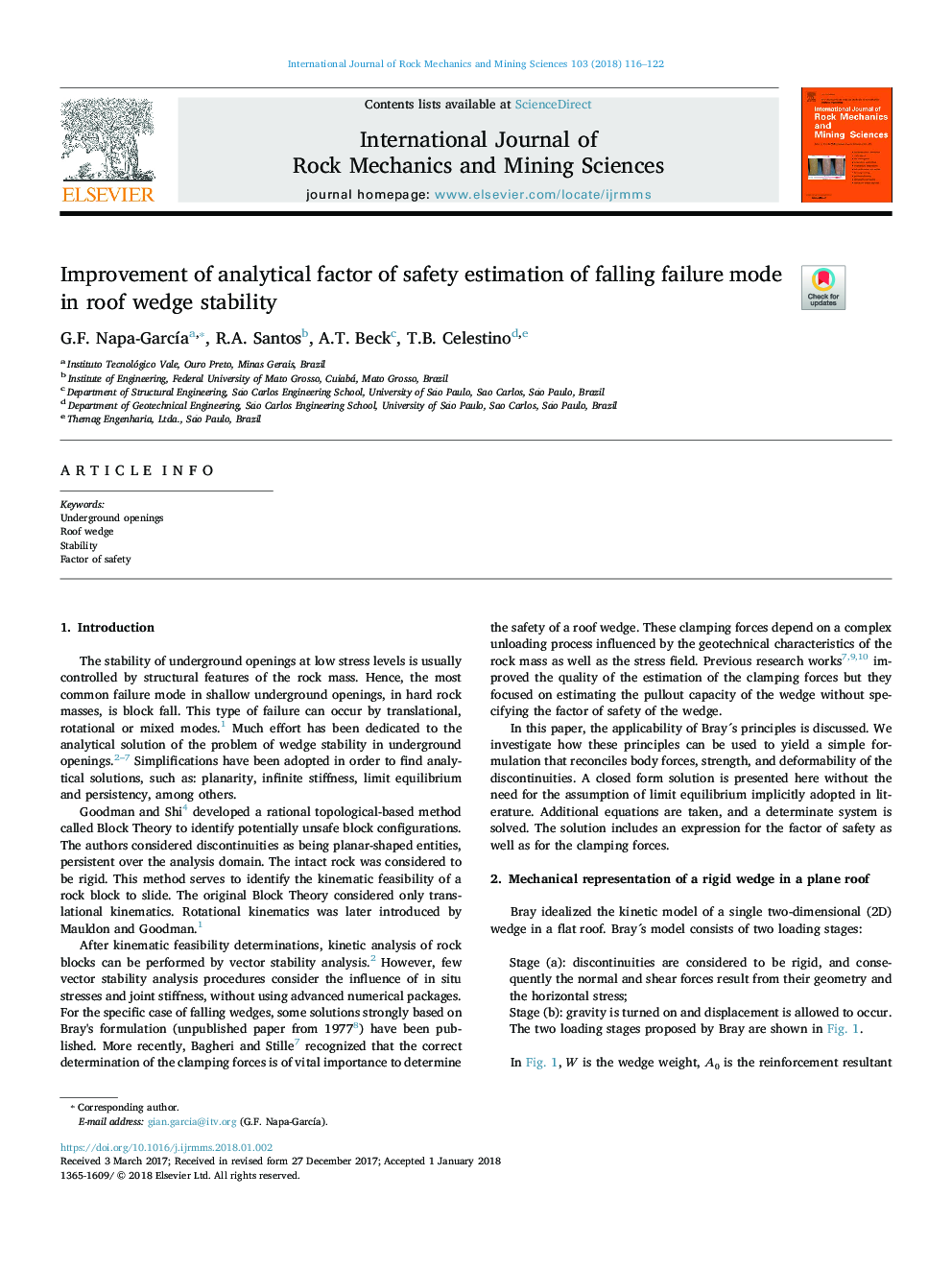 Improvement of analytical factor of safety estimation of falling failure mode in roof wedge stability