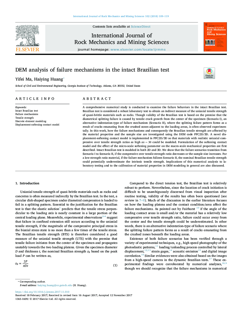 DEM analysis of failure mechanisms in the intact Brazilian test