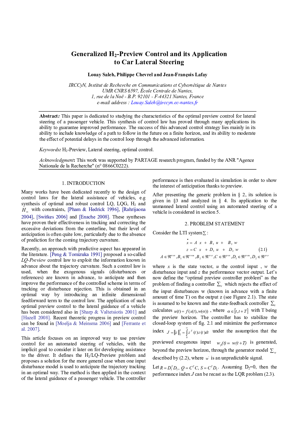 Generalized H2-Preview Control and its Application to Car Lateral Steering