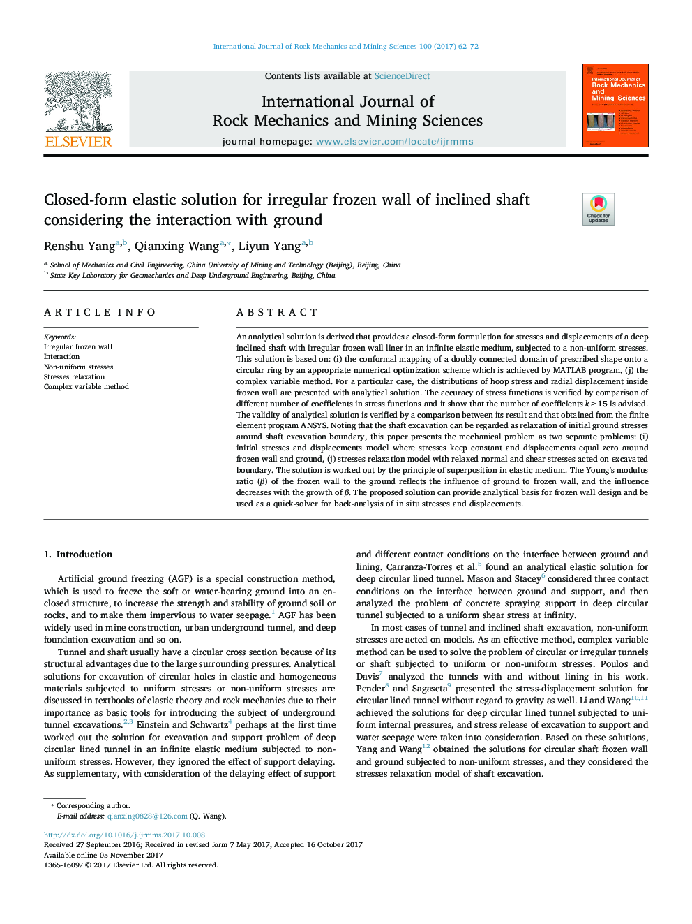 Closed-form elastic solution for irregular frozen wall of inclined shaft considering the interaction with ground