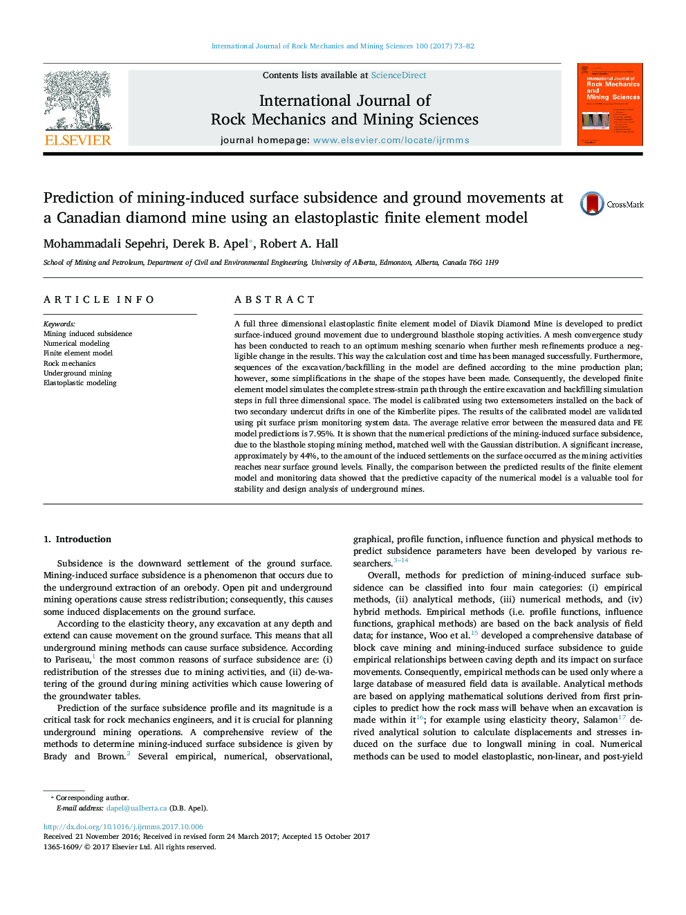 Prediction of mining-induced surface subsidence and ground movements at a Canadian diamond mine using an elastoplastic finite element model