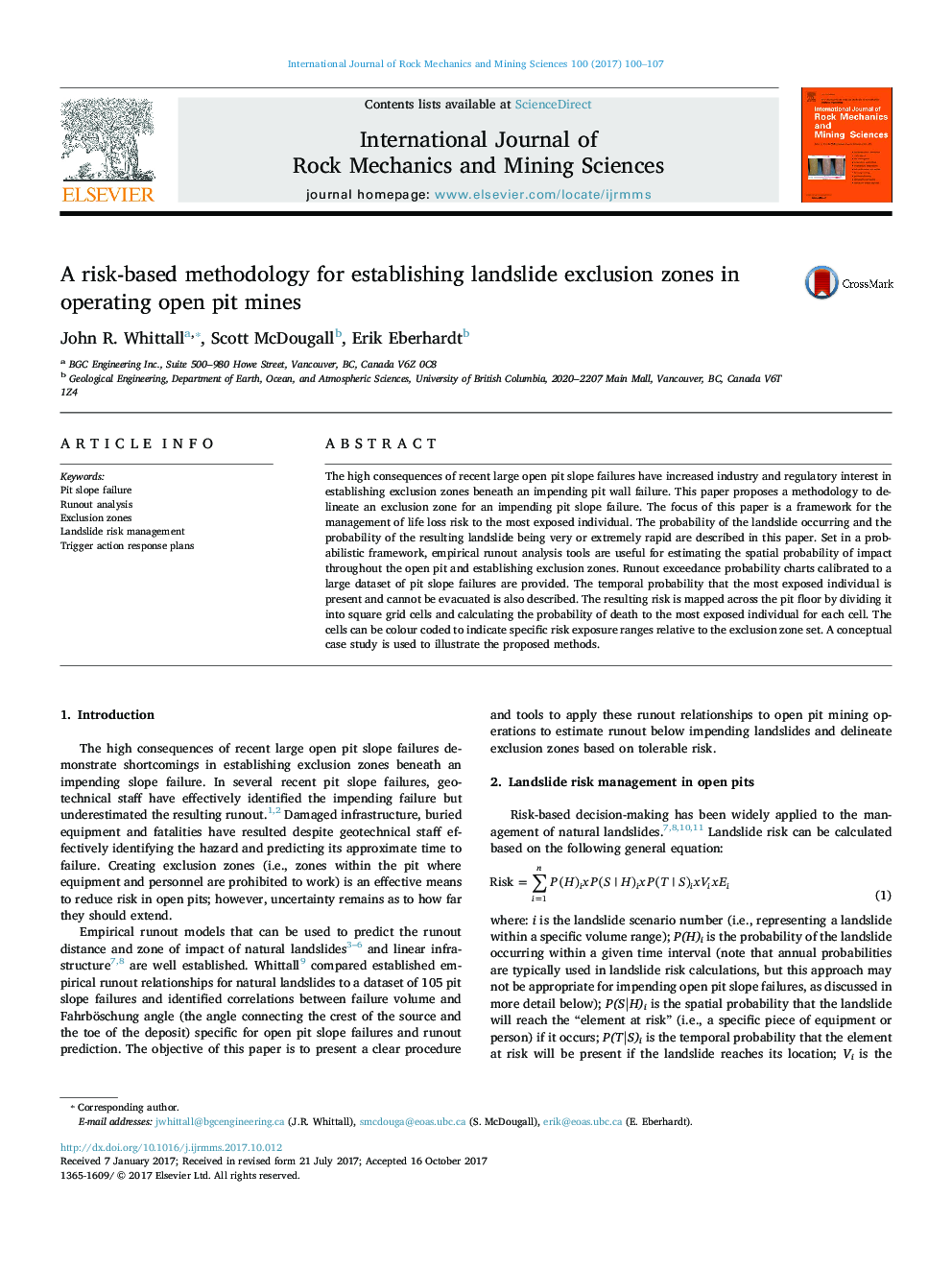 A risk-based methodology for establishing landslide exclusion zones in operating open pit mines