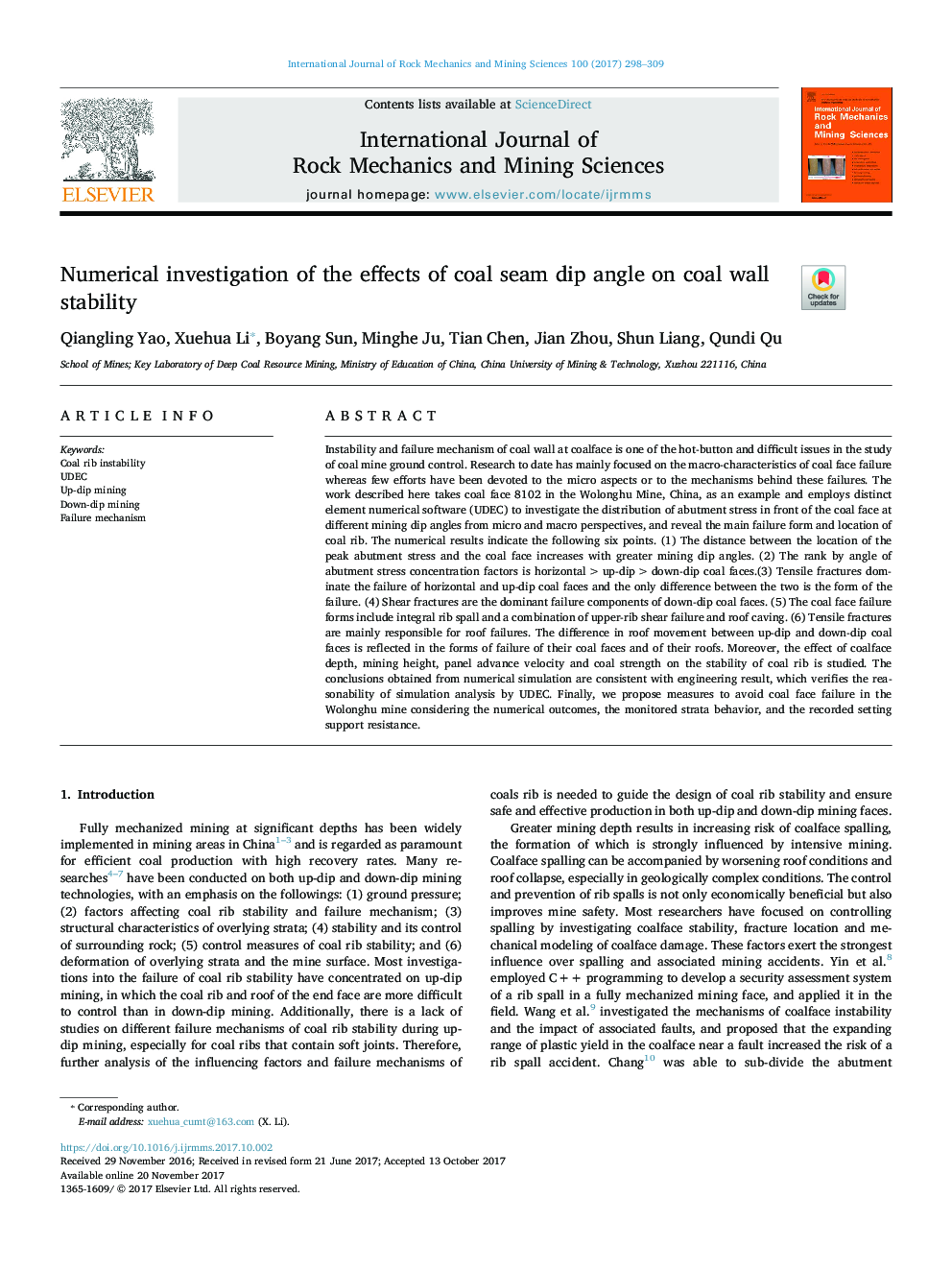 Numerical investigation of the effects of coal seam dip angle on coal wall stability