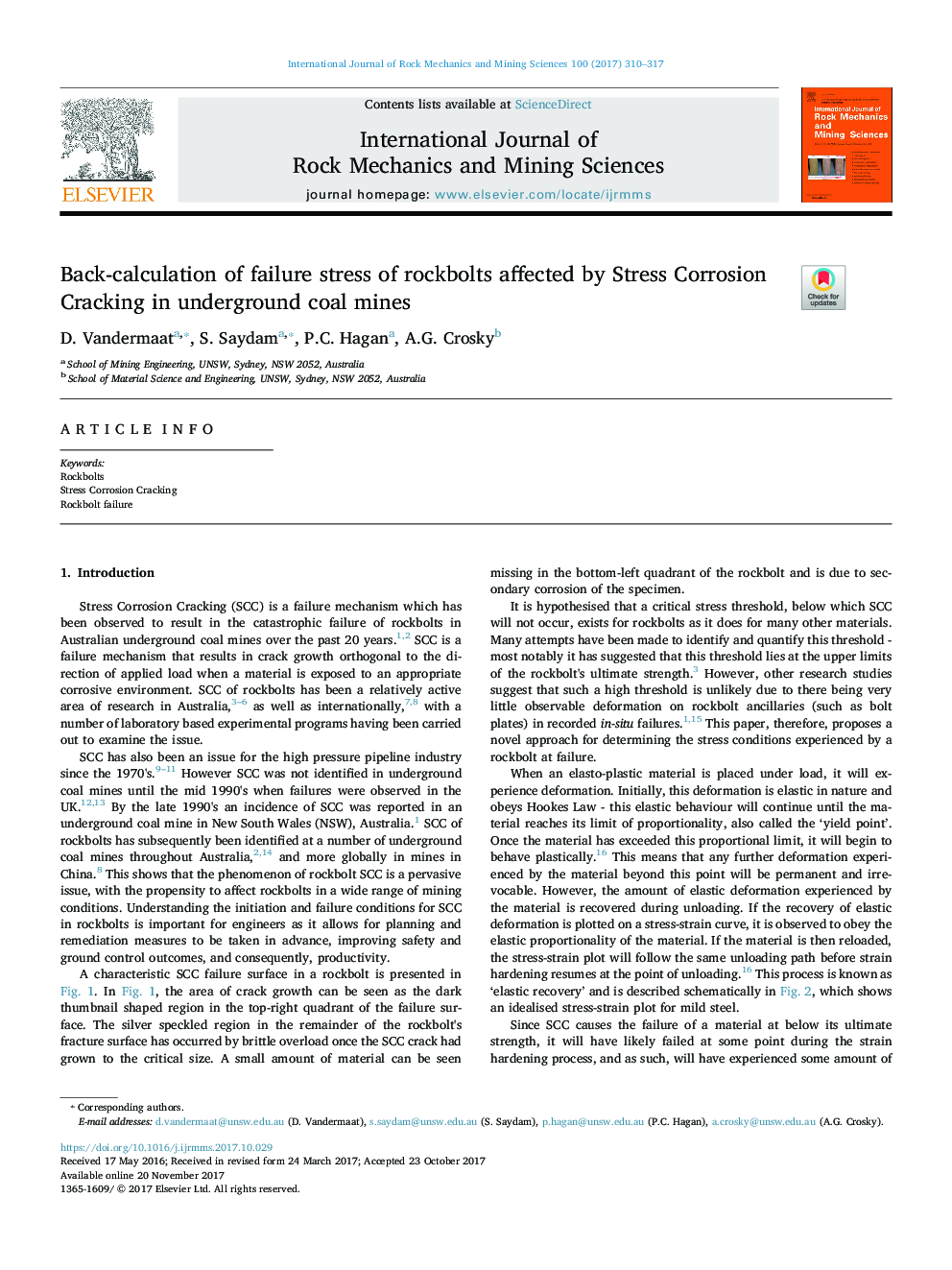 Back-calculation of failure stress of rockbolts affected by Stress Corrosion Cracking in underground coal mines