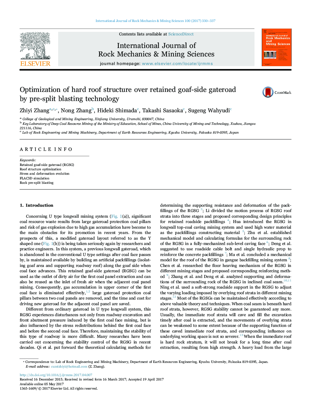 Optimization of hard roof structure over retained goaf-side gateroad by pre-split blasting technology