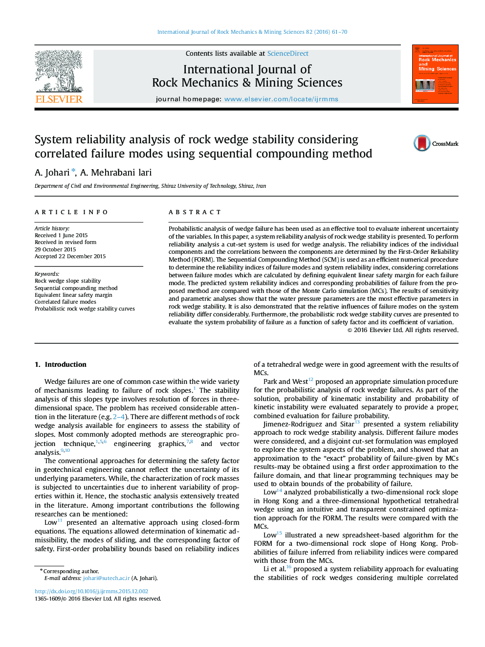 System reliability analysis of rock wedge stability considering correlated failure modes using sequential compounding method