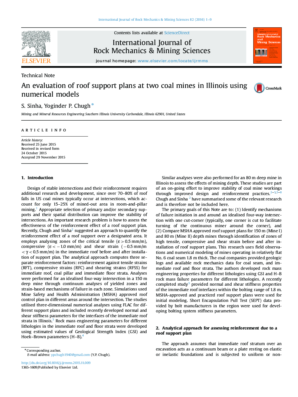 An evaluation of roof support plans at two coal mines in Illinois using numerical models