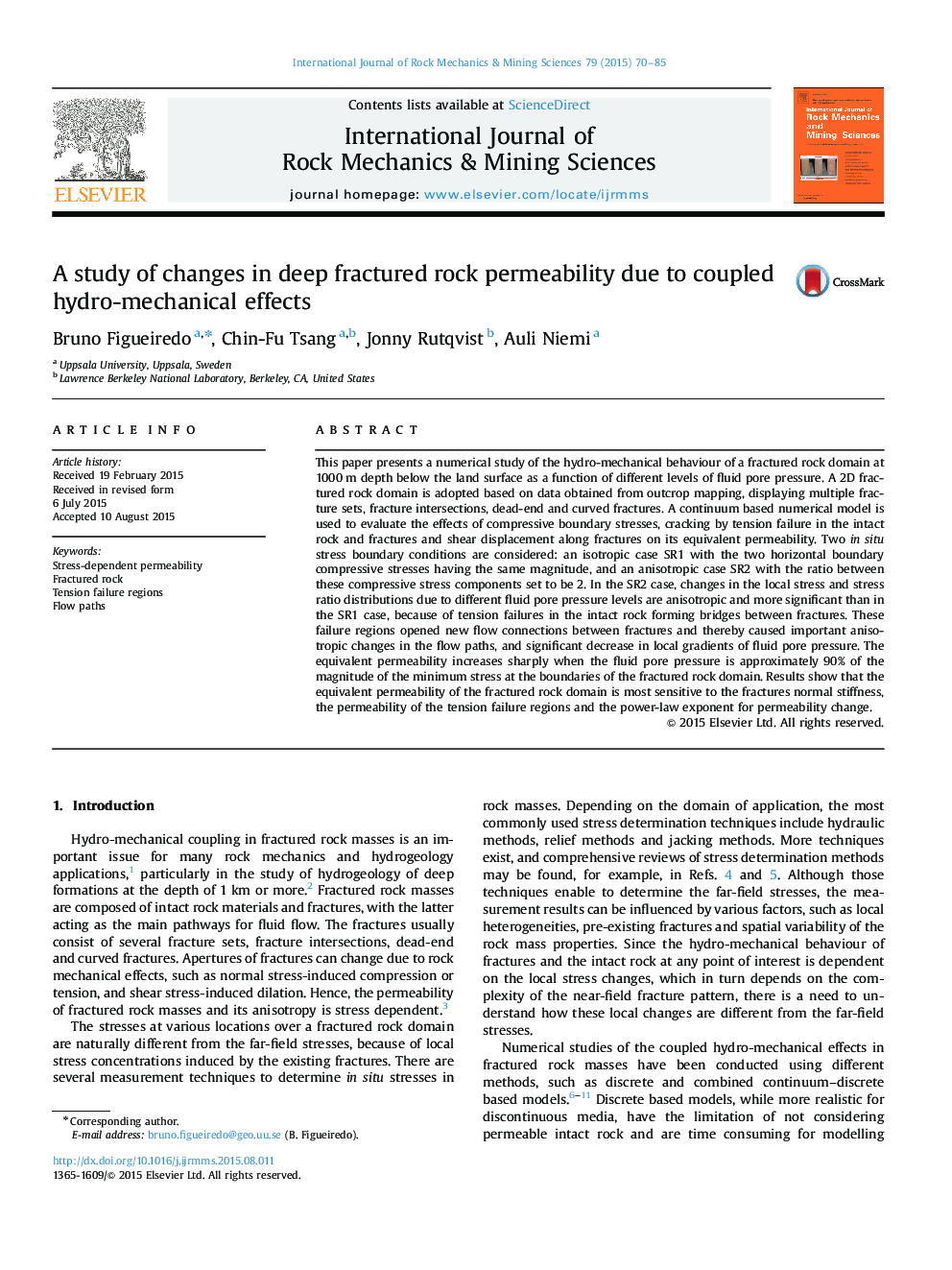 A study of changes in deep fractured rock permeability due to coupled hydro-mechanical effects