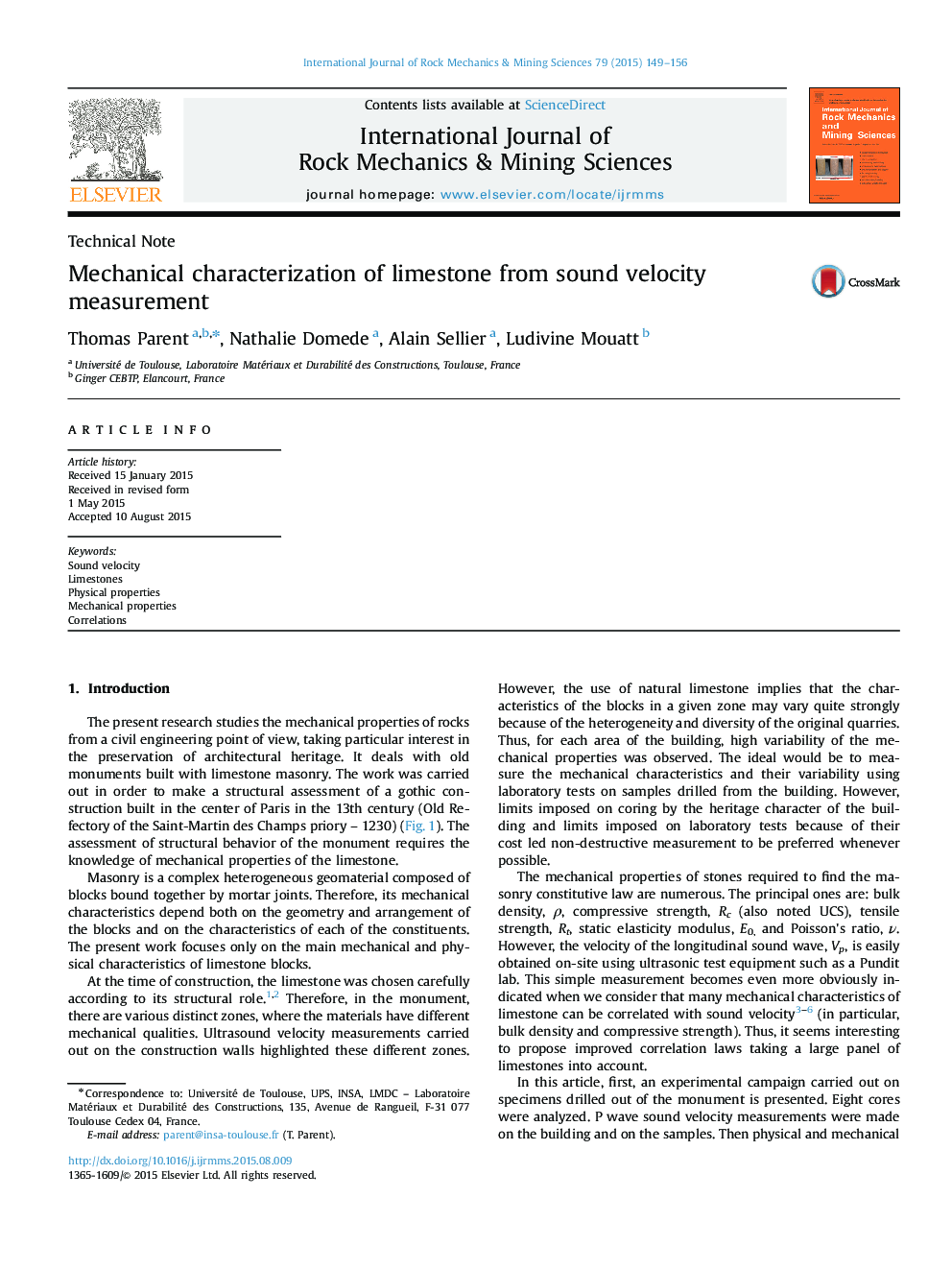 Mechanical characterization of limestone from sound velocity measurement