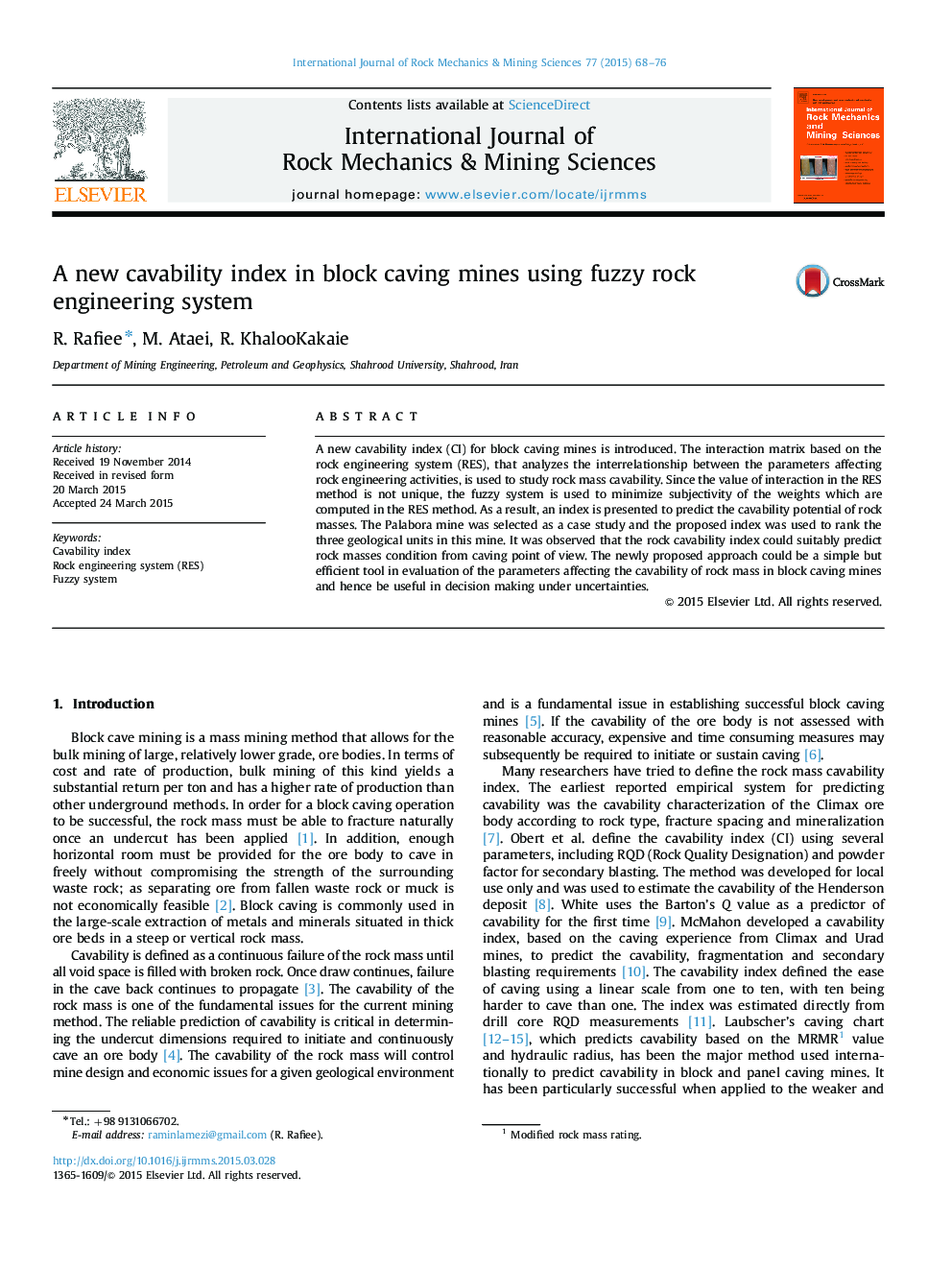 A new cavability index in block caving mines using fuzzy rock engineering system