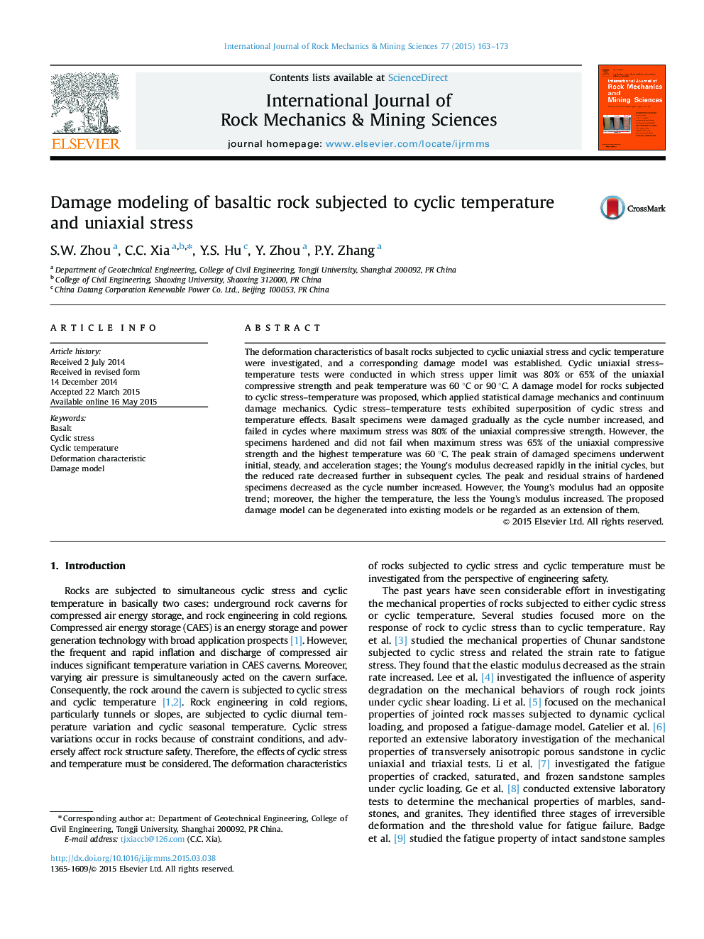 Damage modeling of basaltic rock subjected to cyclic temperature and uniaxial stress