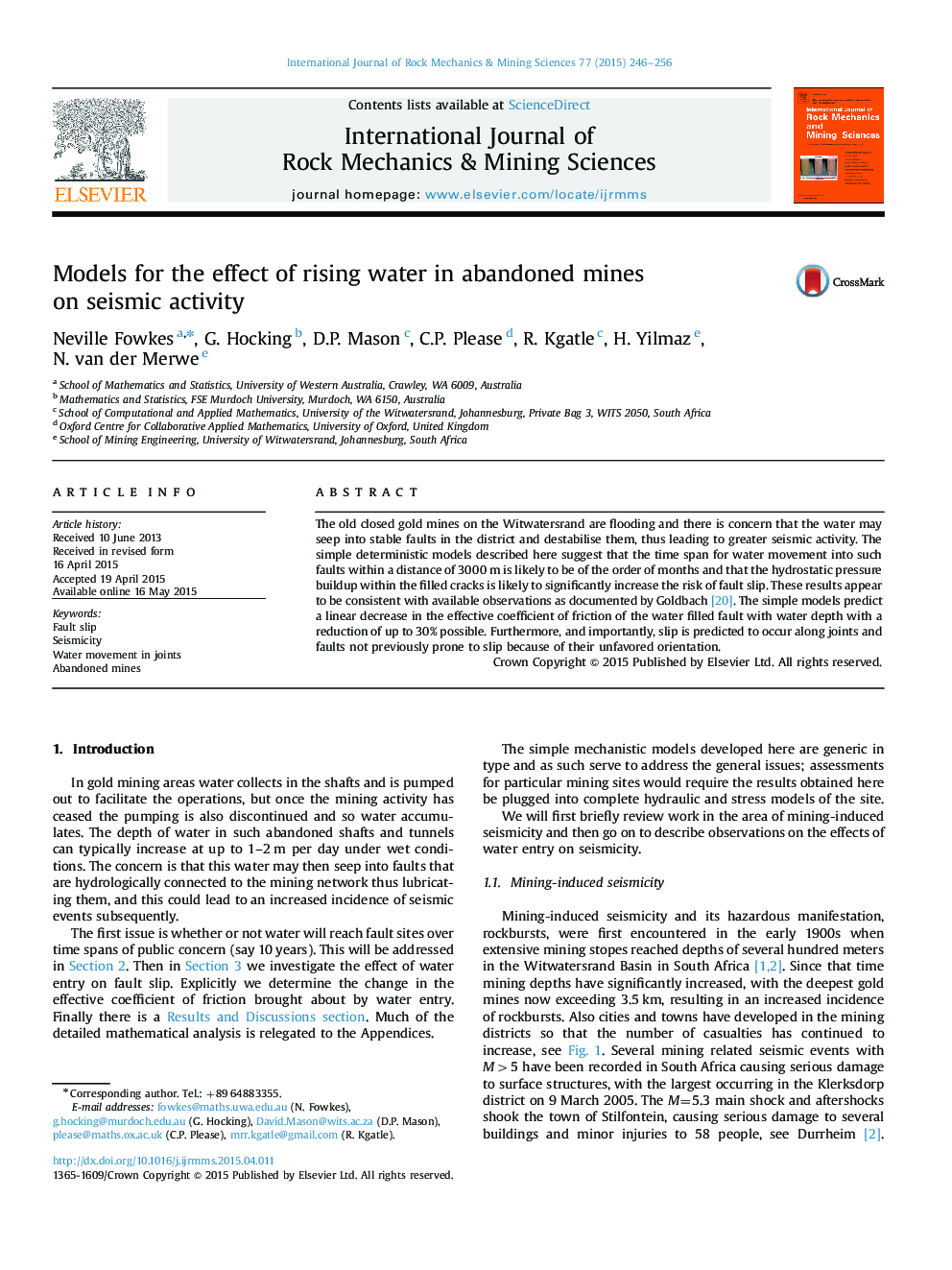 Models for the effect of rising water in abandoned mines on seismic activity