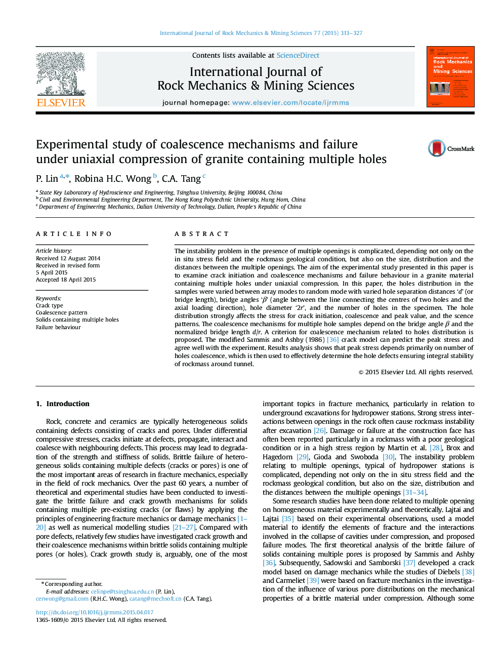 Experimental study of coalescence mechanisms and failure under uniaxial compression of granite containing multiple holes