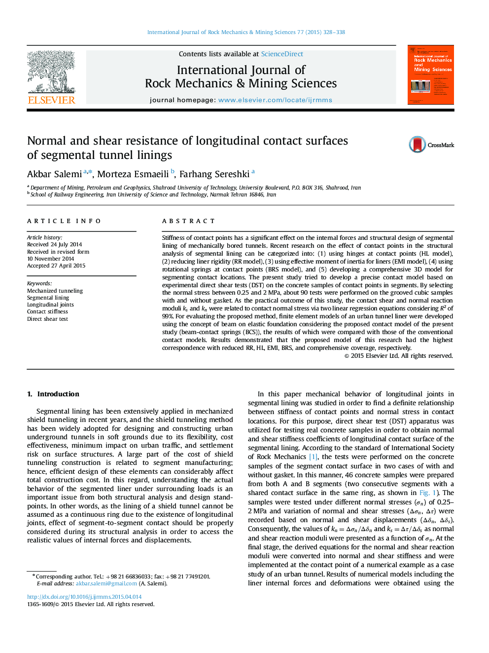 Normal and shear resistance of longitudinal contact surfaces of segmental tunnel linings