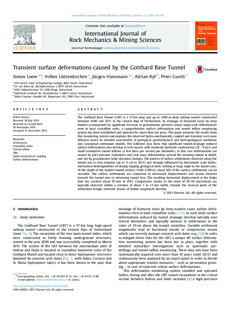 عکس صفحه اول مقاله: Transient surface deformations caused by the Gotthard Base Tunnel Transient surface deformations caused by the Gotthard Base Tunnel