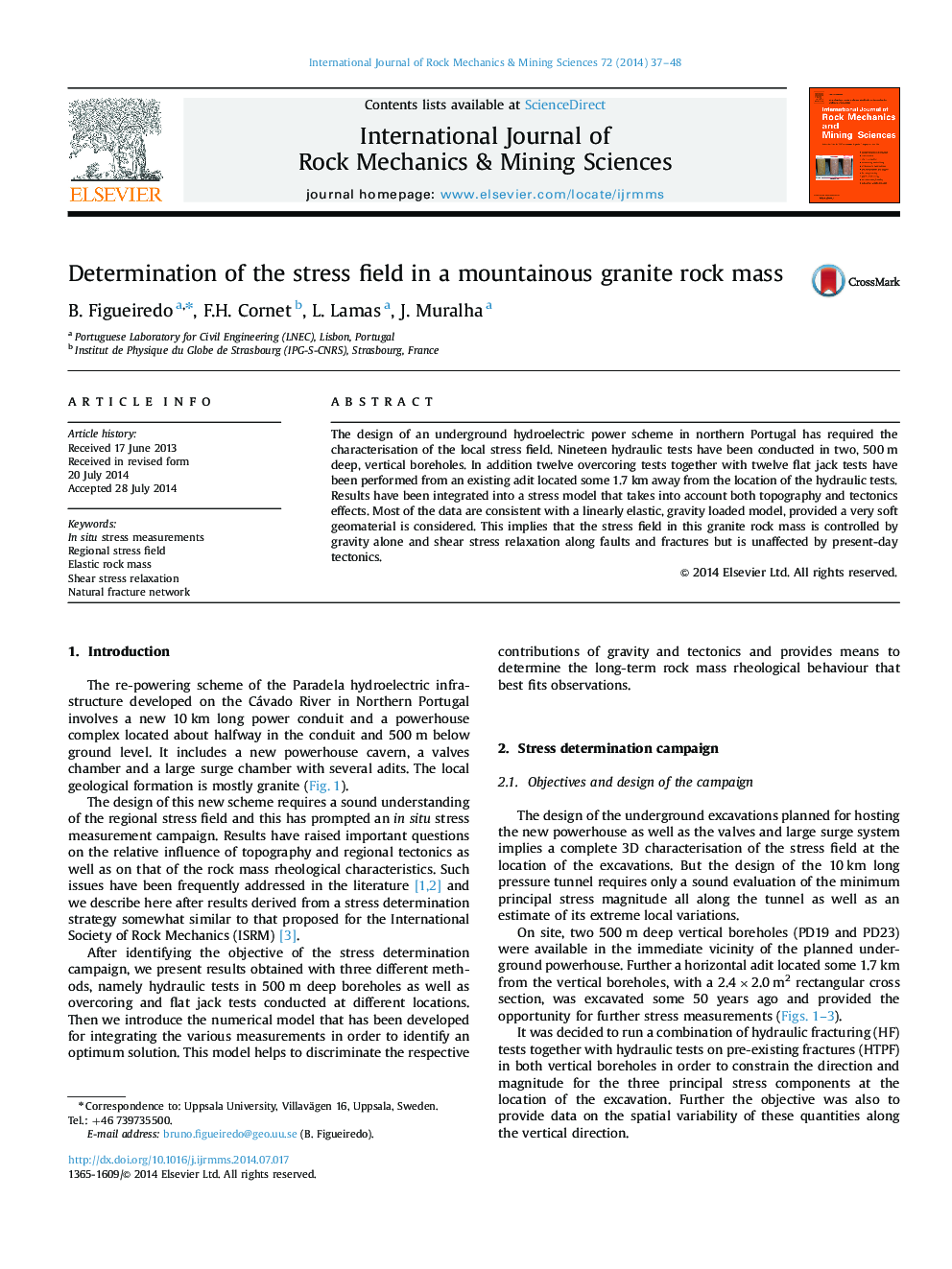 Determination of the stress field in a mountainous granite rock mass